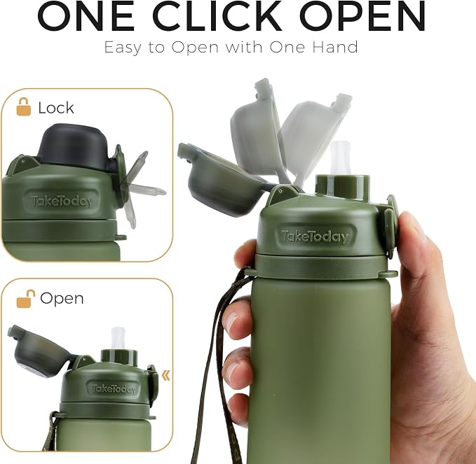TakeToday Collapsible Water Bottles 21oz (600mL), Foldable Platinum Silicone Travel Water Bottle with Straw & Carry Strap, Leak-Resistant Screw Lid, Wide Mouth, BPA-Free for Hiking, Camping, Travel