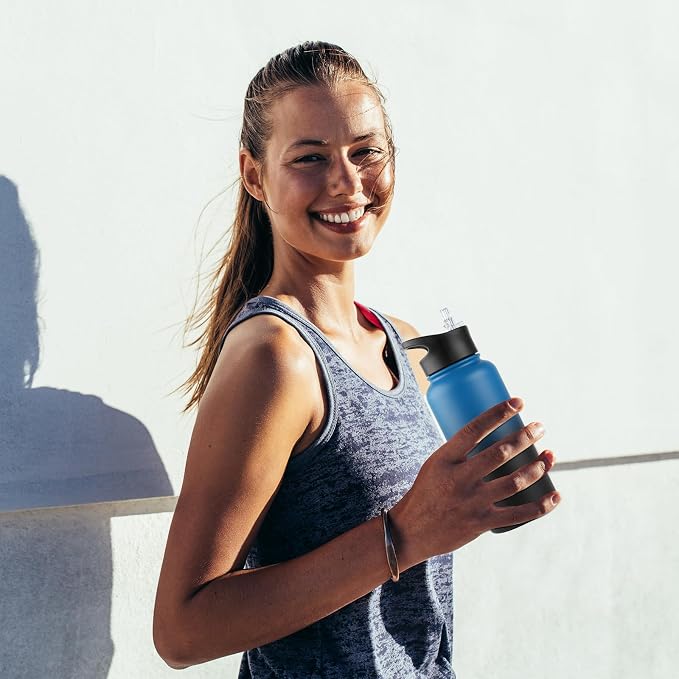 32 Oz Insulated Water Bottle Bulk 4 Pack, Stainless Steel Sports Water Bottles with Straw Lid & Wide Mouth Lids, Double Walled Vacuum, Leak Proof, Blue Black Gradient