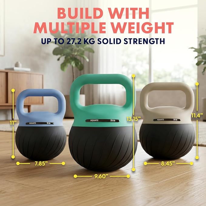 Squatz Soft Drop Kettlebell Set for Home Gym Strength Training - Cushioned Base Kettlebell Set with Wide Grip Handle, Floor-Safe Design, 15 lb, 20 lb, and 25 lb Weights for Full Body Workouts