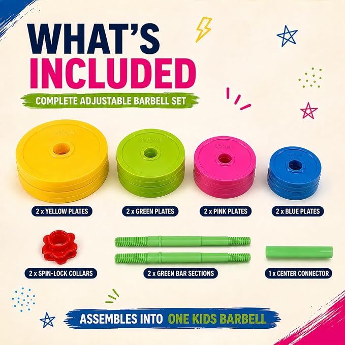 Liberty Imports Kids Barbell Weight Set - Adjustable Workout Toy Equipment for Children Pretend Play Exercise - Toddler Beginner Gym, Fitness, Weightlifting and Powerlifting (32 inches), multicolored