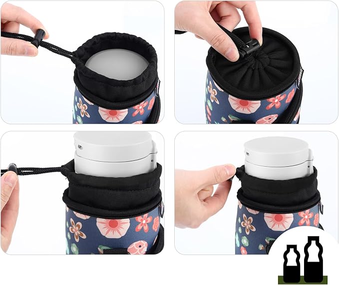 Nuovoware Water Bottle Carrier Bag, 750ml Bottle Pouch Holder, Adjustable Shoulder Hand Strap 2 Pocket Sling Neoprene Sleeve Sports Accessories for Hiking Travelling Camping, Green Bird+Blossoms