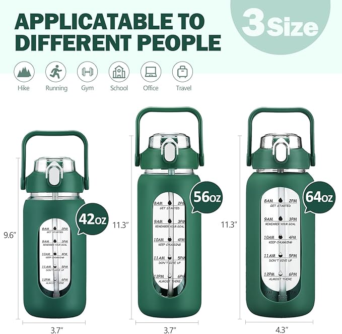 56oz Glass Water Bottles with Straw, Motivational Glass Bottle with Silicone Sleeve and Time Marker, Leakproof Large Glass Water Jug for Gym Home Office,Ink green