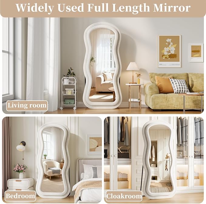 Mirror Full Length Flannel, 63"x24" Full Body Mirror with Stand | Flannel Floor Mirrors, Standing Mirror for Bedroom, Living Room, Dressing Room, Hanging Leaning Wall Mirror, Beige