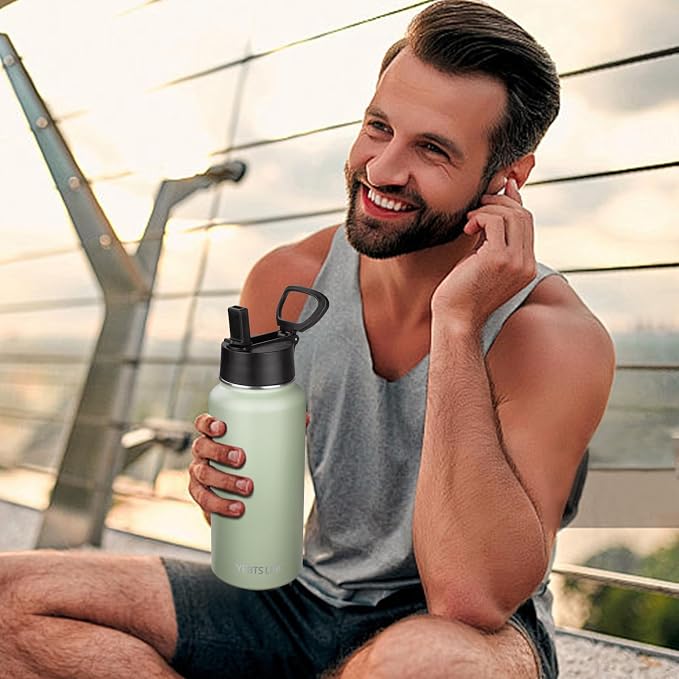 Insulated Water Bottle With Straw,32 oz Vacuum Insulated Stainless Steel Sports Water Flask,Keeps Cold and Hot,Metal Water Bottle Wide Mouth for Gym Travel Camping (Green tea)