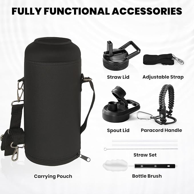 RAYMYLO Insulated Water Bottle 87 oz, Triple Wall Vacuum Stainless Steel | Cold for 48 Hrs), Leak Proof & Non-BPA, Modern Water Flask Jug with Paracord Handle & Straw Spout Lids, Dark Grey
