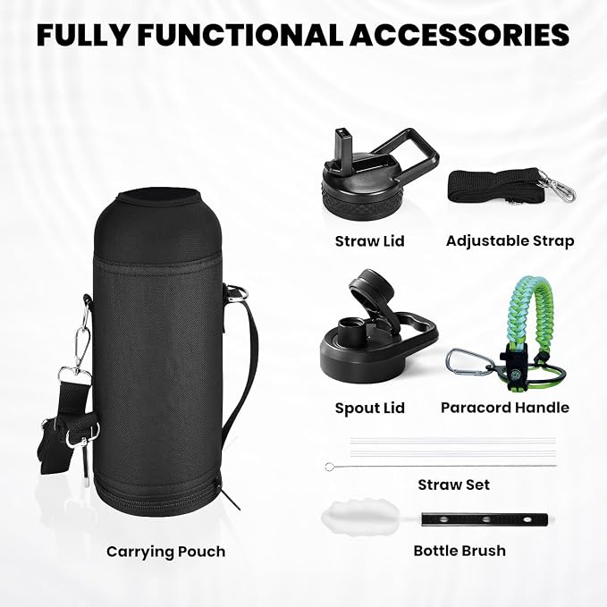 RAYMYLO Insulated Water Bottle 40 oz, Triple Wall Vacuum Stainless Steel | (Cold for 36Hrs, Hot for 18Hrs), Leak Proof & Non-BPA, Modern Water Flask Jug with Paracord Handle & Straw Spout Lids