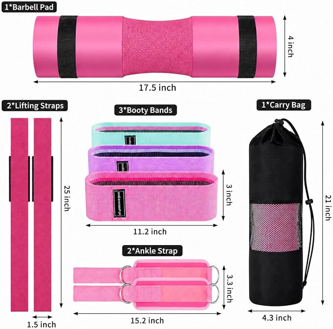 SINYWAY Barbell Pad Set for Squat,10 PCS Hip Thrusts Workout Foam Weight Lifting Bar Cushion with 2 Gym Ankle Straps,3 Hip Resistance Bands,2 Lifting Strap,Barbell Pad and Carry Bag