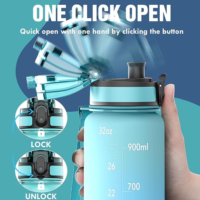 OLDLEY Water Bottle, 32oz Motivational Sports Water Bottle with Time Marker - Times to Drink - Tritan, BPA Free, Wide Mouth Leakproof,Luca