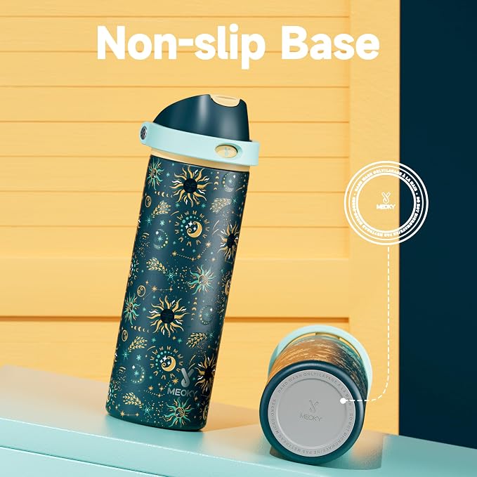 24 oz Insulated Water Bottle with Straw: Meoky Stainless Steel Metal Water Bottle with 2-in-1 Lid - Leak Proof, Cold for 24 Hours, Protective Silicone Base, BPA-Free for Sports Travel Car, Tarot