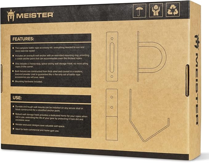 Meister XSteel Battle Rope Wall Mount Kit w/Anchor & Storage Hook - Matte Black | Commercial-grade steel wall anchor & storage hook for conditioning ropes, fits all battle ropes from 1.0" to 2.5"