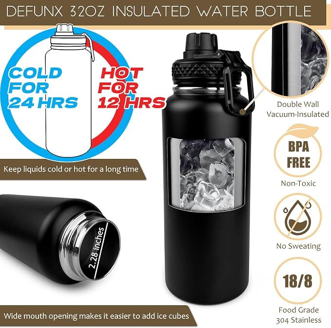 DEFUNX 32 Oz Water Bottle with Sleeve - Insulated Bottle with Strap Stainless Steel Gym Water Bottles for Men Sports Workout Hiking Camo Black