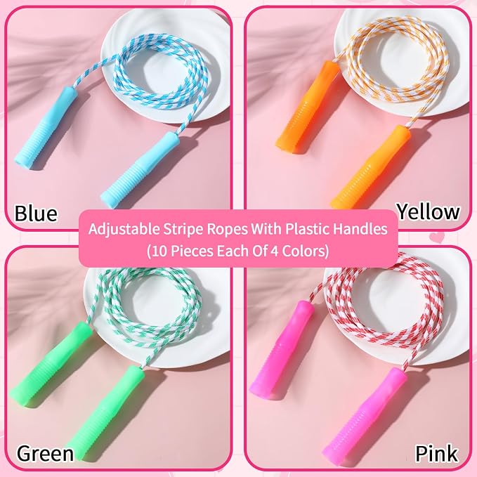 40 Pack Colorful Kids Jump Rope Set, 7.6ft Colorful Jump Rope for Kid Bulk Adjustable Length Stripe Skipping Ropes with Plastic Handles for Outdoor Exercise Sport Party Equipment