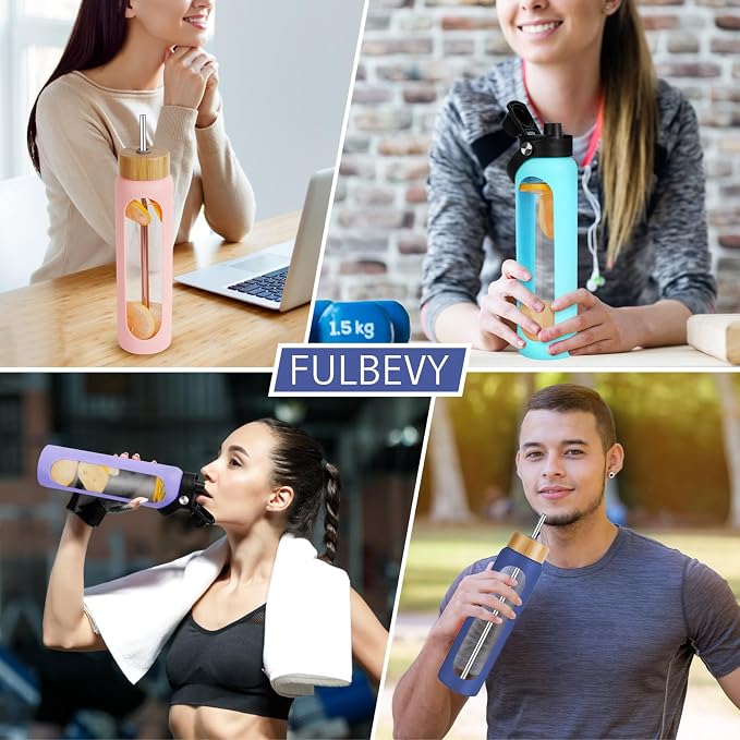 FULBEVY 32 oz Glass Water Bottles - 1 Liter Motivational Tumbler Water Bottle Time Marker - Borosilicate Glass Water Bottle With Silicone Sleeve and 2 Lids, Handle Spout & Bamboo Straw Lid (Blue)