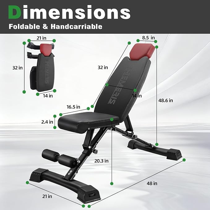 Adjustable Weight Bench 32 In Backrest | Foldable Workout Bench for home gym 660 LBS Incline/Decline Bench Press Exercise Equipment 85°to -30°FID