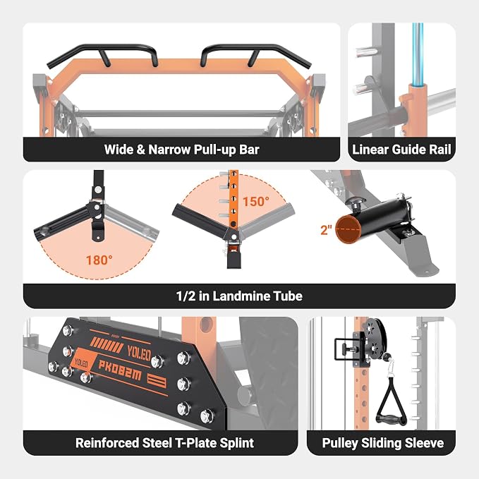 YOLEO Smith Machine & Squat Rack Combo, Multi-Functional Power Racks with Adjustable Width & Pull-Up Bar, Cable Crossover Power Cage, Independent Dual-Pulley System for Home Gym Garage Basement