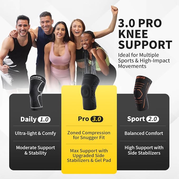 CAMBIVO Knee Brace for Men & Women, 2-Pack Compression Sleeve with Gel Pad | Patella Gel Pad with Side Stabilizers for Knee Pain Relief. Ideal for Running, Weightlifting & Arthritis, Workout, Daily Use