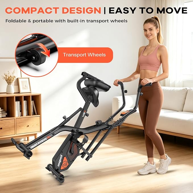 pooboo Folding Exercise Bike, Foldable Upright Stationary Bike, Indoor Cycling Magnetic X-Bike with 8-Level Adjustable Resistance, 6.6 LBS Flywheel, 300LB Capacity, Back Support Cushion for Home Gym