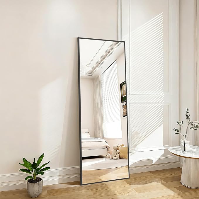 Mirrorons 56"x18" Black Full Length Mirror, Floor Standing or Wall Mounted with Hanging Kit, Shatterproof Tempered Glass Mirror for Living Room, Bedroom, Dressing Room, Gym