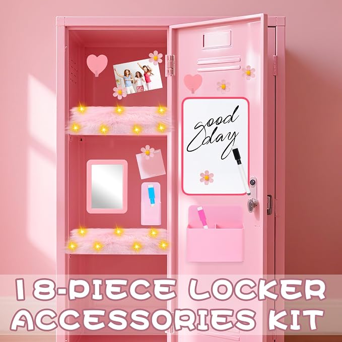 18 PCS Pink Locker Accessories Kit Back to School Locker Decorations Supplies for Girls Includes Whiteboard Mirror Organizer Markers Hook Rug String Lights Sticky Notes and Cute Flower Magnets