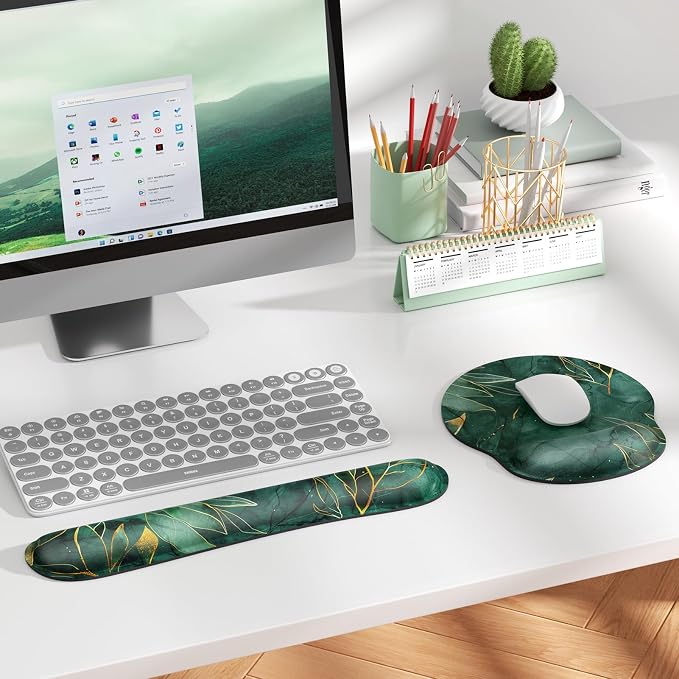 KTRIO Keyboard Wrist Rest & Mouse Pad with Wrist Rest, Green Leaves | Memory Foam Wrist Support, Ergonomic Design, Non-Slip Base, Office and Home Use