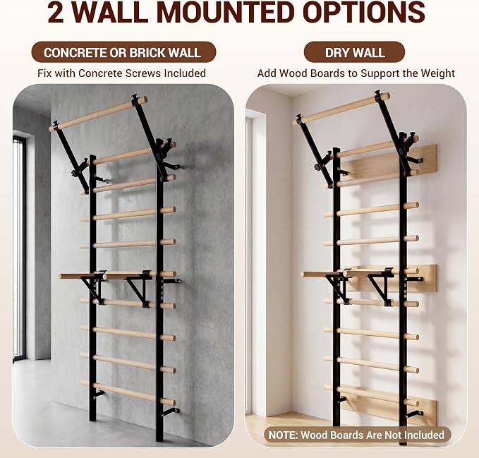 GMWD Swedish Ladder, Stall Bar, Suspension Trainer with Pull-Up Bar and Dip Bar Attachments, Wooden Stall Bar with 9 Strategic Rods for Core Strengthening and Stretching Balanced for Body Exercises