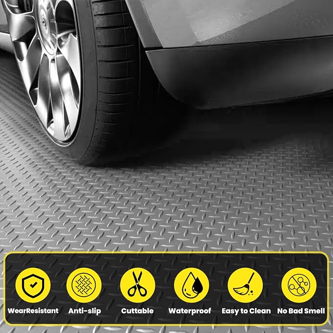 4x10 FT Garage Floor Mat, 2.8mm Thickened (Gray) | Diamond Plate PVC Rubber Flooring Roll Covering Non-Slip Floor Protector for Under Car Parking/Garage/Warehouse/Gyms/Trailer