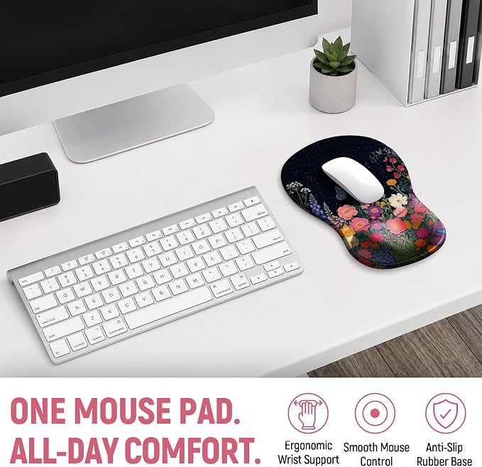 Ergonomic Mouse Pad with Wrist Rest, Gel Wrist Support, Butterfly | 10.2 x 7.6 in Mouse Pad with Smooth Fabric Surface and Non-Slip Rubber Base for Office, Home, Study, and Gaming