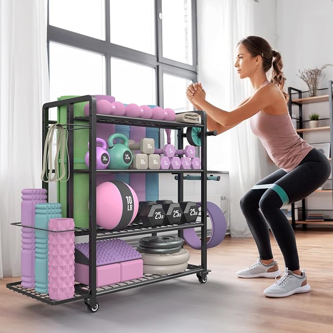 4-Tier Weight Rack for Home Gym with Wheels and Hooks | Adjustable Gym Storage Rack for Dumbbells Kettlebells Yoga Mat, All-in-One, Space Saving, Heavy Duty Steel, Easy to Assemble