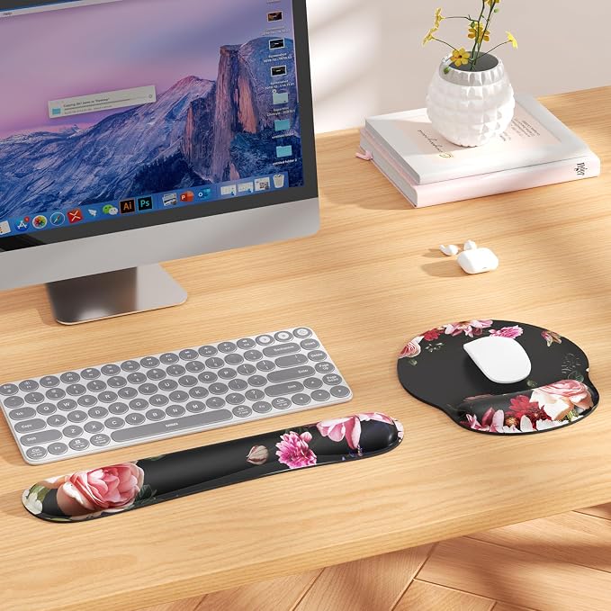 KTRIO Keyboard Wrist Rest & Mouse Pad with Wrist Rest, Peony Flower | Memory Foam Wrist Support, Ergonomic Design, Non-Slip Base, Office and Home Use