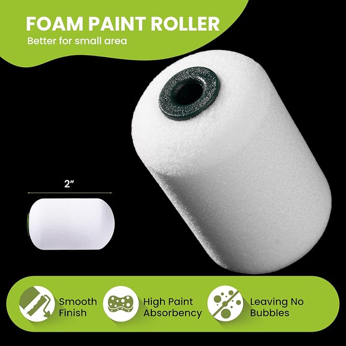 Mini Foam Paint Roller Covers, 2 Inch, 12 Pack, High Density | Small Paint Roller Refills for Smooth Finishes on Walls, Cabinets and Detail Painting, for Water-based or Oil-based Paints