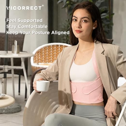 Vicorrect Posture Corrector for Women and Men: Adjustable Back Brace for Upper Back Support & Shoulder Neck Pain Relief - Lightweight Breathable Design (Pink Large)