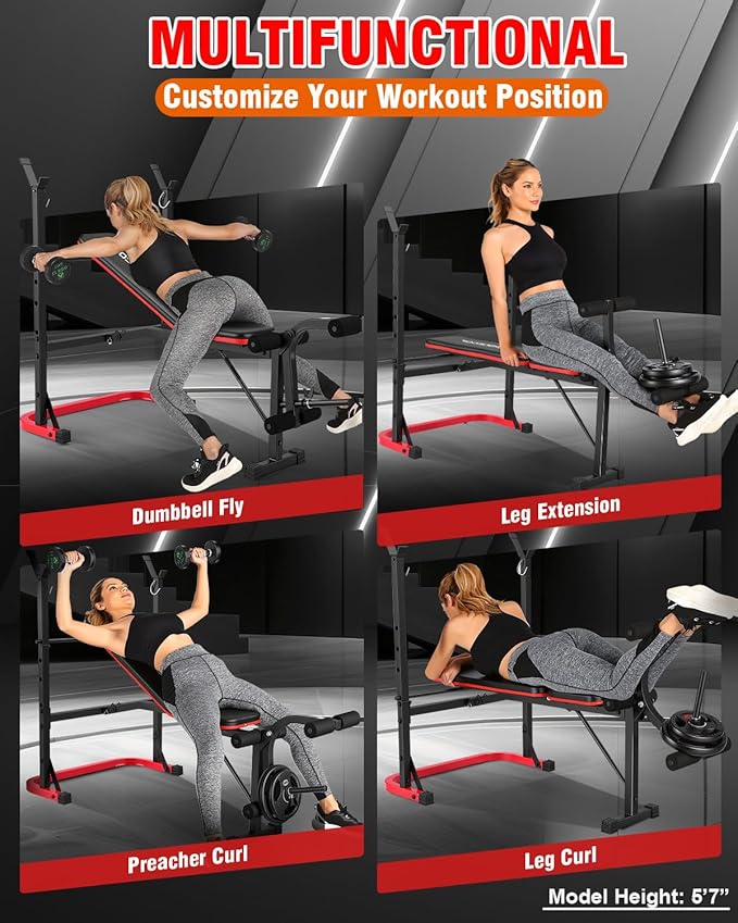 OPPSDECOR 6 in 1 Weight Bench Set with Leg Extension and Leg Curl, 660 LBS Adjustable Bench Press Set with Preacher Curl Pad, Foldable Workout Bench for Home Gym, Strength Training for Teens/Adults