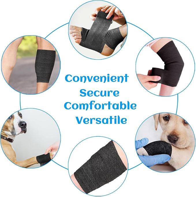 36 Rolls Black Elastic Self Adhesive Bandage Wrap 2 Inch, Breathable Cohesive Bandage, Ankle Sprains Swelling Sports Athletic Grip Tape, Dogs Pet Vet Wrap