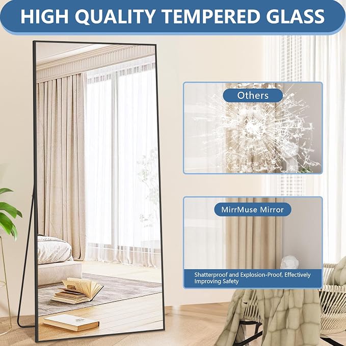 76"x34" Large Floor Mirror Full Length with Stand, Oversized Black | Free Standing or Leaning, Wall‑Mountable, for Bedroom Living Room Home Gym, Rectangular, Tempered Glass, Aluminum Frame
