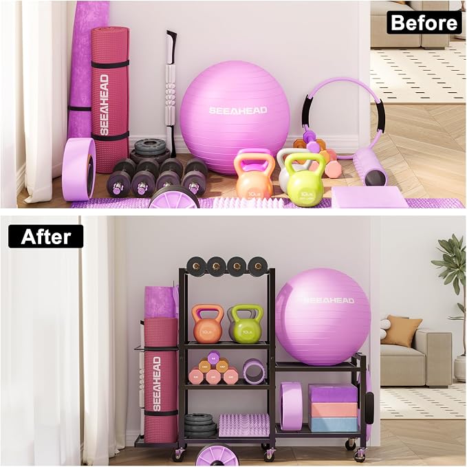 6Tier Rolling Home Gym Storage, Multi-Purpose Dumbbell Weight Rack | 6-Tier Rolling Cart Stores Dumbbells, Yoga Mats and Workout Gear; Wheels Make Home Gym Organization Clean, Tidy and Mobile