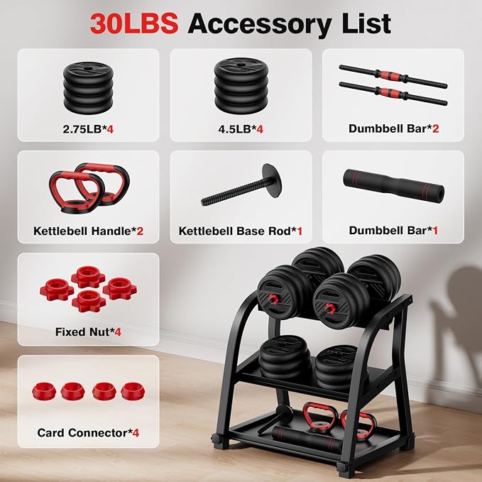 Adjustable Dumbbell Set, 20/30/45/70/90lbs Free Weight Set With Double Locknut, 5-in-1 Dumbbells Set Includes Barbell, Kettlebells, Push up Stand, Weight Plate, Fitness Exercise for Home Gym Suitable Men/Women