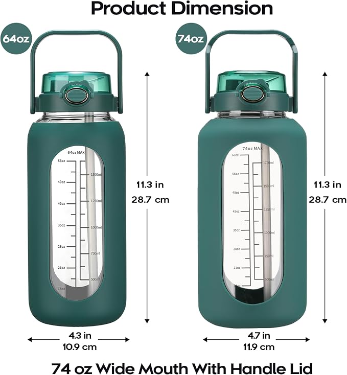 chunmo 74 oz Glass Water Bolttles with Straw Large Motivational Water Bottle with Time Marker Sports Water Bottles with Silicone Sleeve and Handle Lid 2.2L Water Jug for Gym Workout