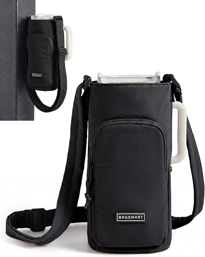 BAGSMART 40oz Water Bottle Holder with Strap, Quilted Gym Accessories | Magnetic or Classic Design, Lightweiht Tumbler Drink Carrier, Quilted Crossbody Purse