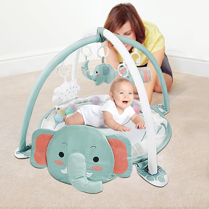 dearlomum Elephant 4-in-1 Baby Play Mat Gym, with Ball Pit | Includes 30 Balls & 5 Learning Sensory Toys, Floor Gym Playmat for Newborn Infant Tummy Time, Ball Pit, Boy & Girl Gift