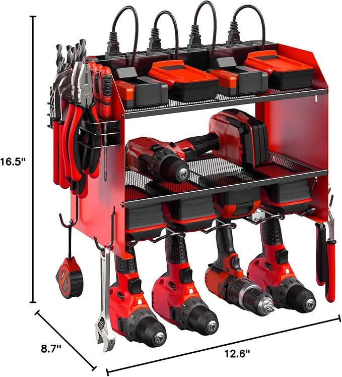 CCCEI Wall Mount Modular Tool Charging Organizer, Red, 1 Pack, 3 Tier. | Drill Battery Storage Rack with Hooks, Garage Workshop, Gifts for Men, Dad, Husband Anniversary, Birthday, Christmas