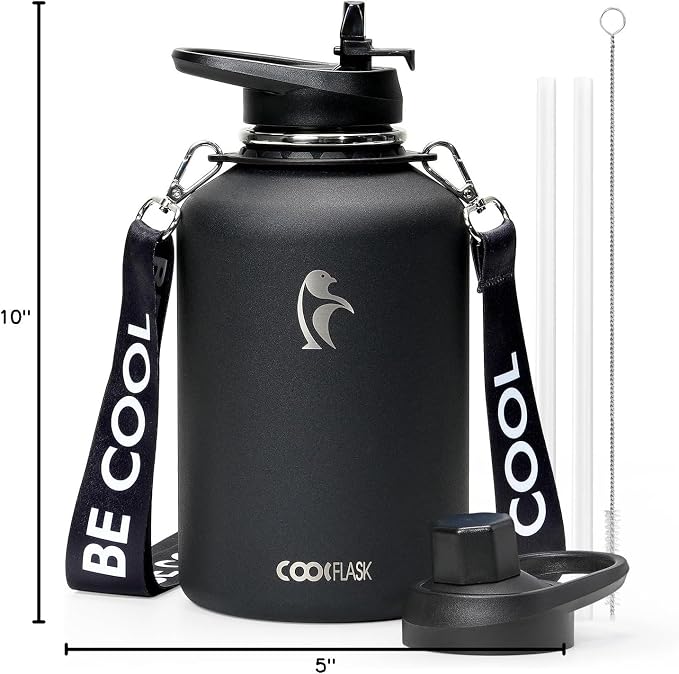 Coolflask Half Gallon Water Bottle Insulated Stainless Steel with Strap | 64 oz Large Water Jug with Straw & Spout Lids,Triple-Wall, Cold 48+h,Dishwasher Safe, Leakproof, BPA-Free,for Gym & Hiking