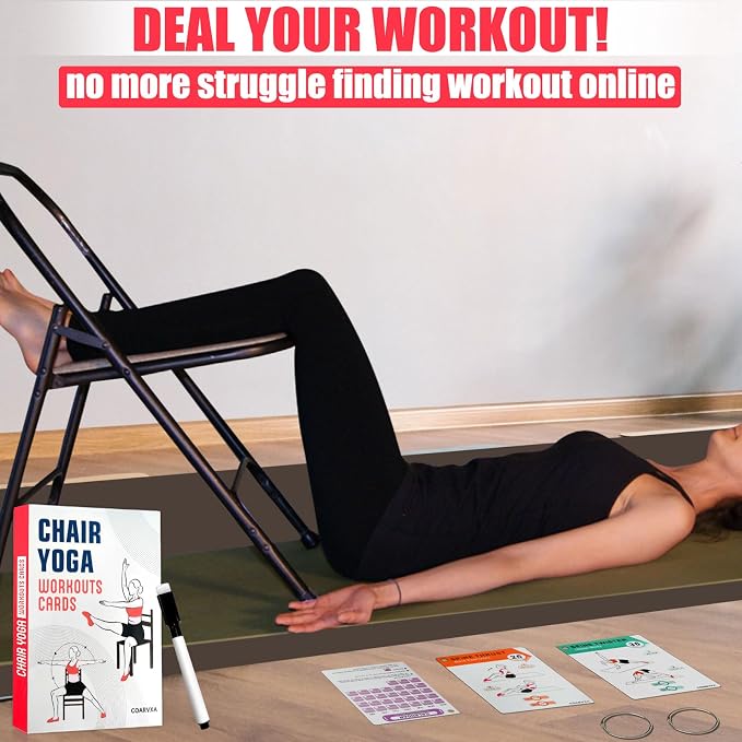 Chair Yoga Workouts for Women-58 Exercise Cards with Chair Yoga,ncludes 4-Week Challenge,2 Rings& Dry-Erase for Easy Organization-Home, Gym or Studio