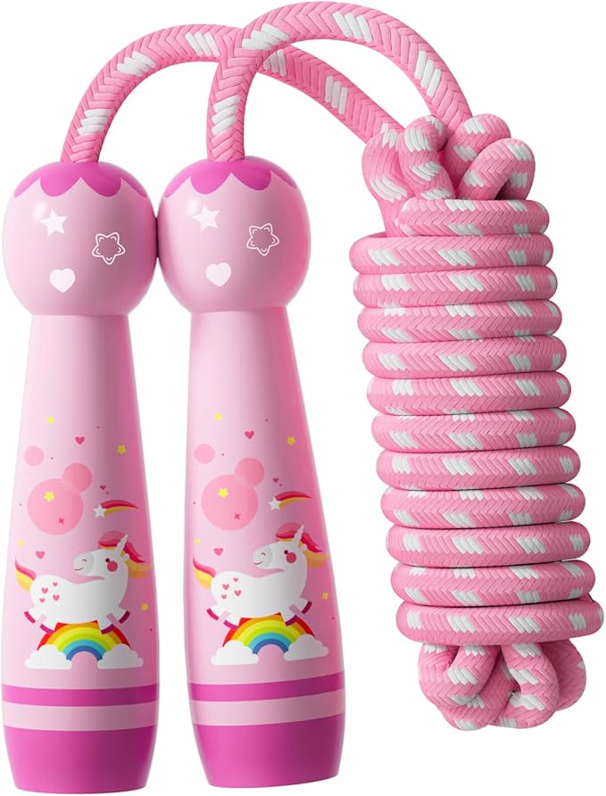 Jump Rope for Kids-Adjustable Cotton Braided Skipping Rope with Wooden Handle for Toddler Fitness Workout Exercise Outdoor Activity