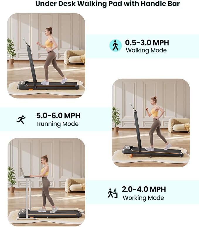 Abonow Walking Pad Treadmill with Handle Bar for Home Office | 3.0HP Compact Treadmills, 8% Manual Incline 2 in 1 Under Desk Walking Machine, LED Display, 265 LBS Capacity