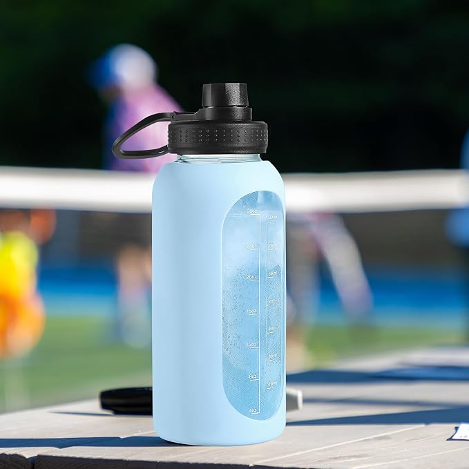 EALGRO 32 oz Glass Water Bottle with Straw, Large Sports Water Jug | Motivational Water Bottle with Time Marker and Silicone Sleeve, Flask Cup with Handle for Travel, Gym, Hiking, School, Sage