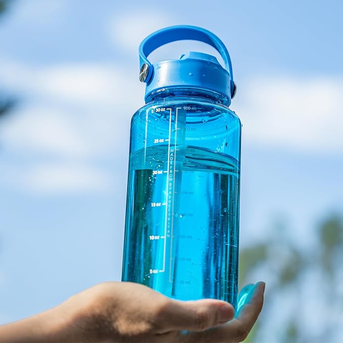 OLDLEY 32oz Water Bottle with Straw,Leakproof Tritan Clear Bottle with Marked Bottle and Carry Handle, BPA-Free Wide Mouth Reusable Sports Water Bottle for Gym,Hiking, Camping, Travel, Workout,Blue