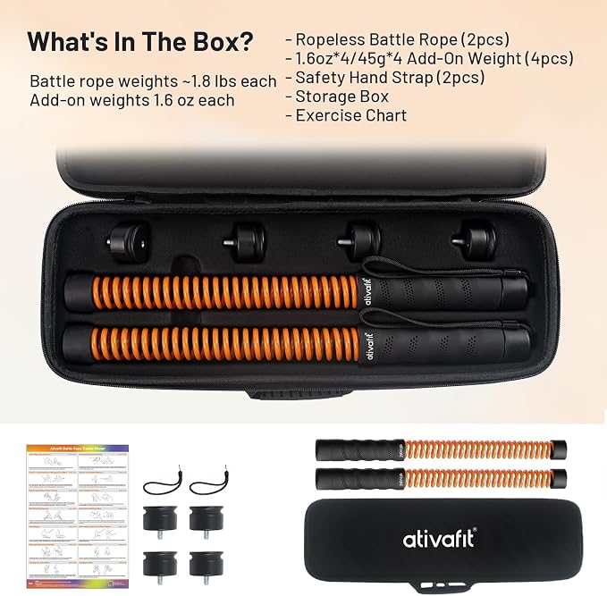ATIVAFIT Ropeless Battle Rope for Home Gym, Adjustable Resistance Cordless Battle Ropes with 4 Weight Blocks & Storage Case, Full Body Workout Equipment for HIIT, Cardio & Strength Training for Men & Women