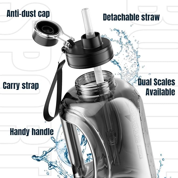 Doseno Big Water Bottle, 95 oz / 2.8 L Water Jug with Straw, 2 Pack, Black | Each plastic bottle has a measuring scale, leakproof lid, carry handle and shoulder strap for gym use and outdoor sports