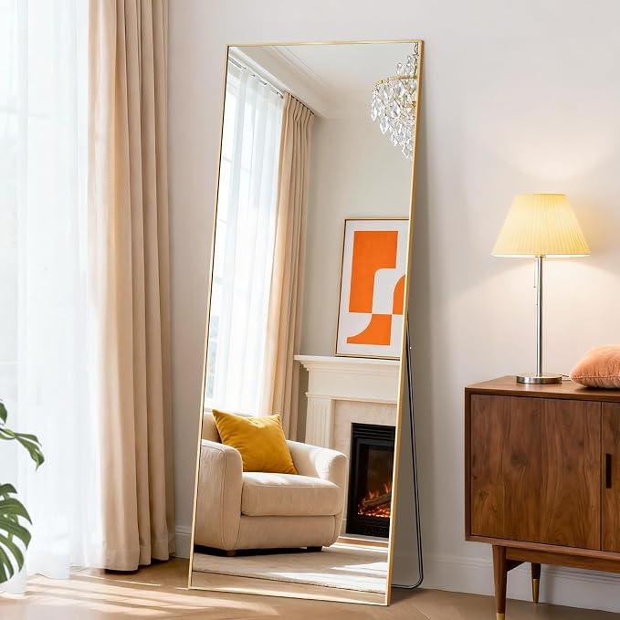 NEWBULIG 56"x15" Full Length Mirror, Full Body Standing Mirror, Gold | Leaning or Standing, Tempered Glass, Aluminum Alloy Thin Frame Floor Stand for Bedroom, Cloakroom