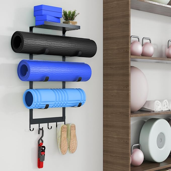 LSK Yoga Mat Holder Wall Mount, 4-Tiers Yoga Mats Storage, Black | Home Gym Storage Rack with Floating Shelf for Storing Fitness, Yoga Rollers, 5 Hooks for Skipping-Rope, Small Gym Equipment
